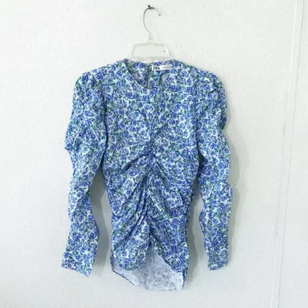 Zara Floral Blouse Women Sz XS, Blue White